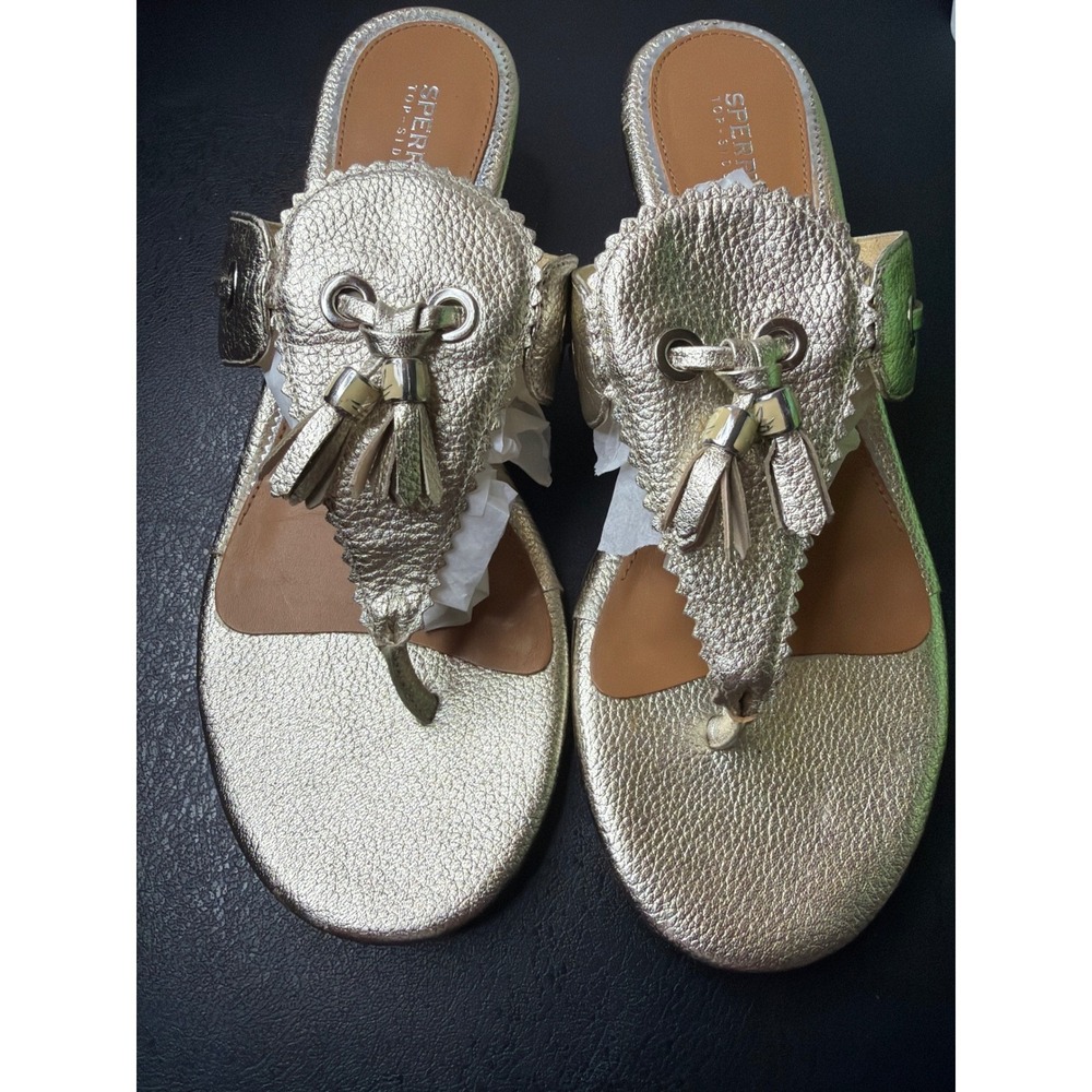 Sperry Womens Gold Leather Wedge Thong Tassel Sandal 9303306 Size 9M